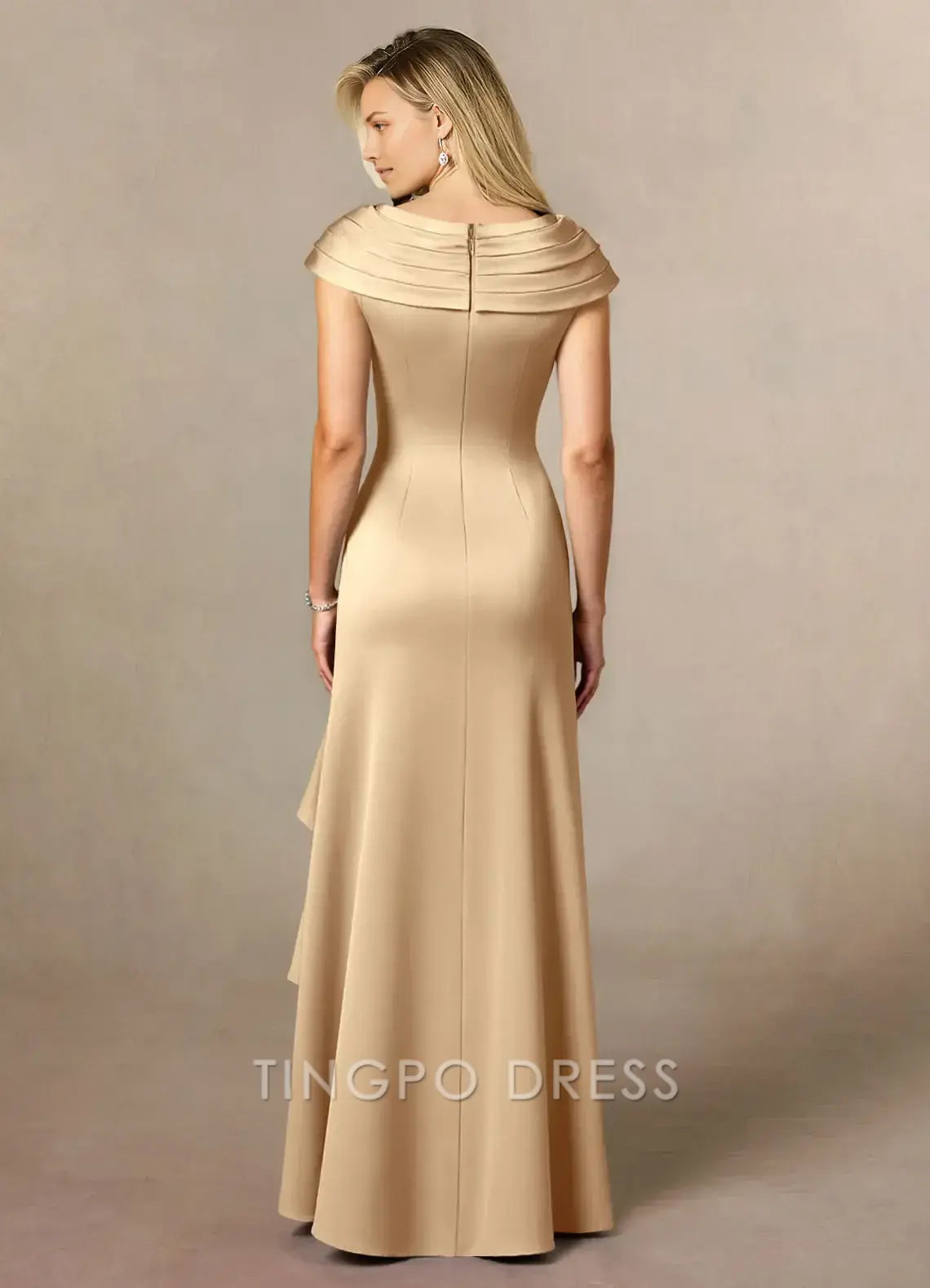 TingPo Wholesale Elegant V - Neck Satin Evening Gown with Pleated Bodice and Asymmetric Ruffle Slit: Perfect for Formal Galas